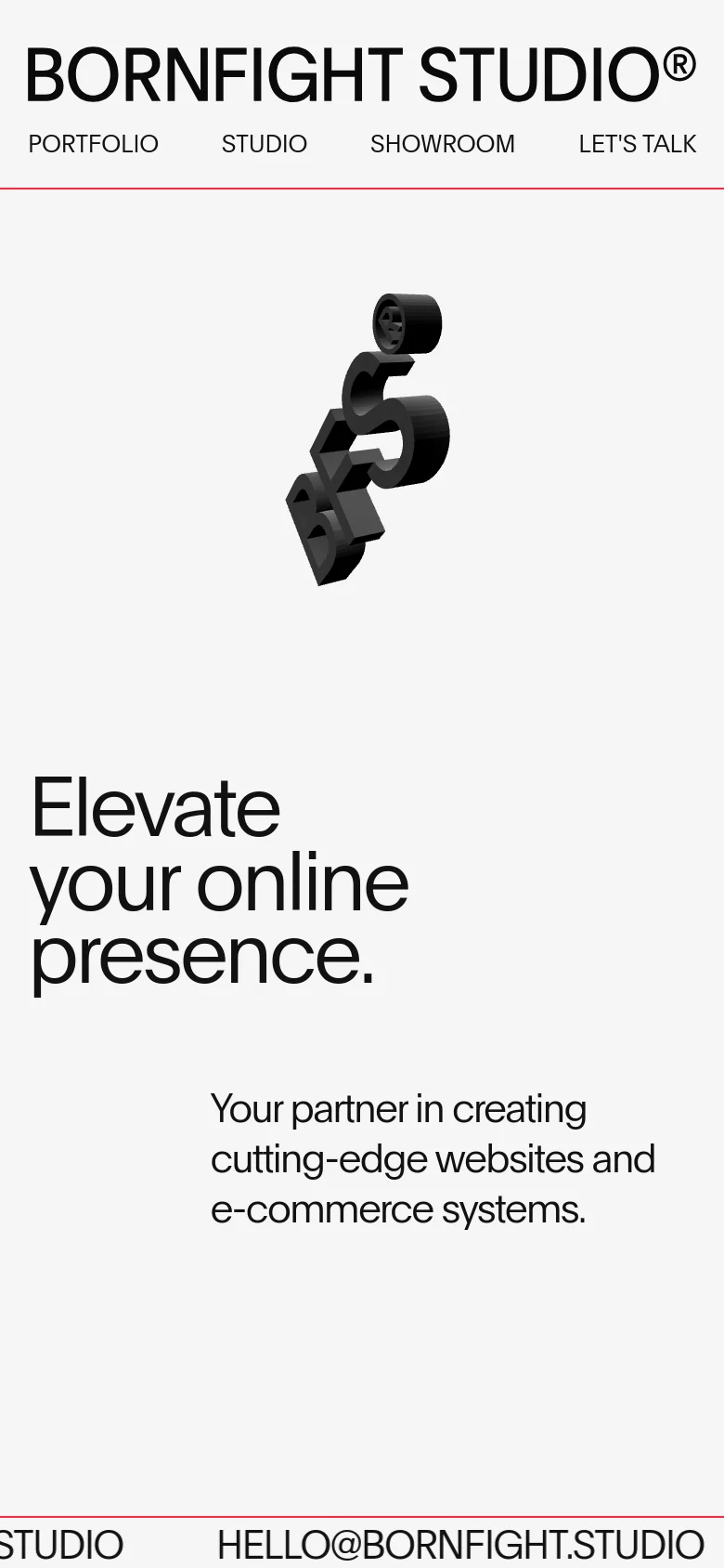 The mobile version uses a single-column vertical layout with the large headline 'Elevate your online presence' centered below the 3D sculptural element. The navigation is simplified, and the text is scaled to fit the narrower screen width.