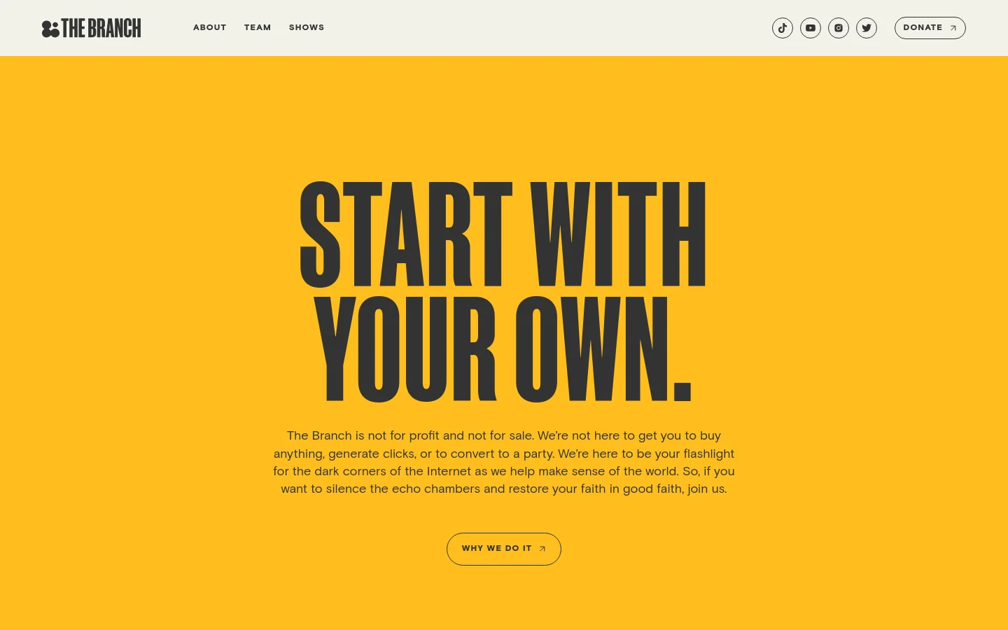 The desktop homepage features a bright yellow background with large, bold black typography reading 'START WITH YOUR OWN.' Below the headline is a mission statement paragraph and a centered 'WHY WE DO IT' button. A white navigation bar at the top includes the logo, links for About, Team, and Shows, social media icons, and a 'DONATE' button.
