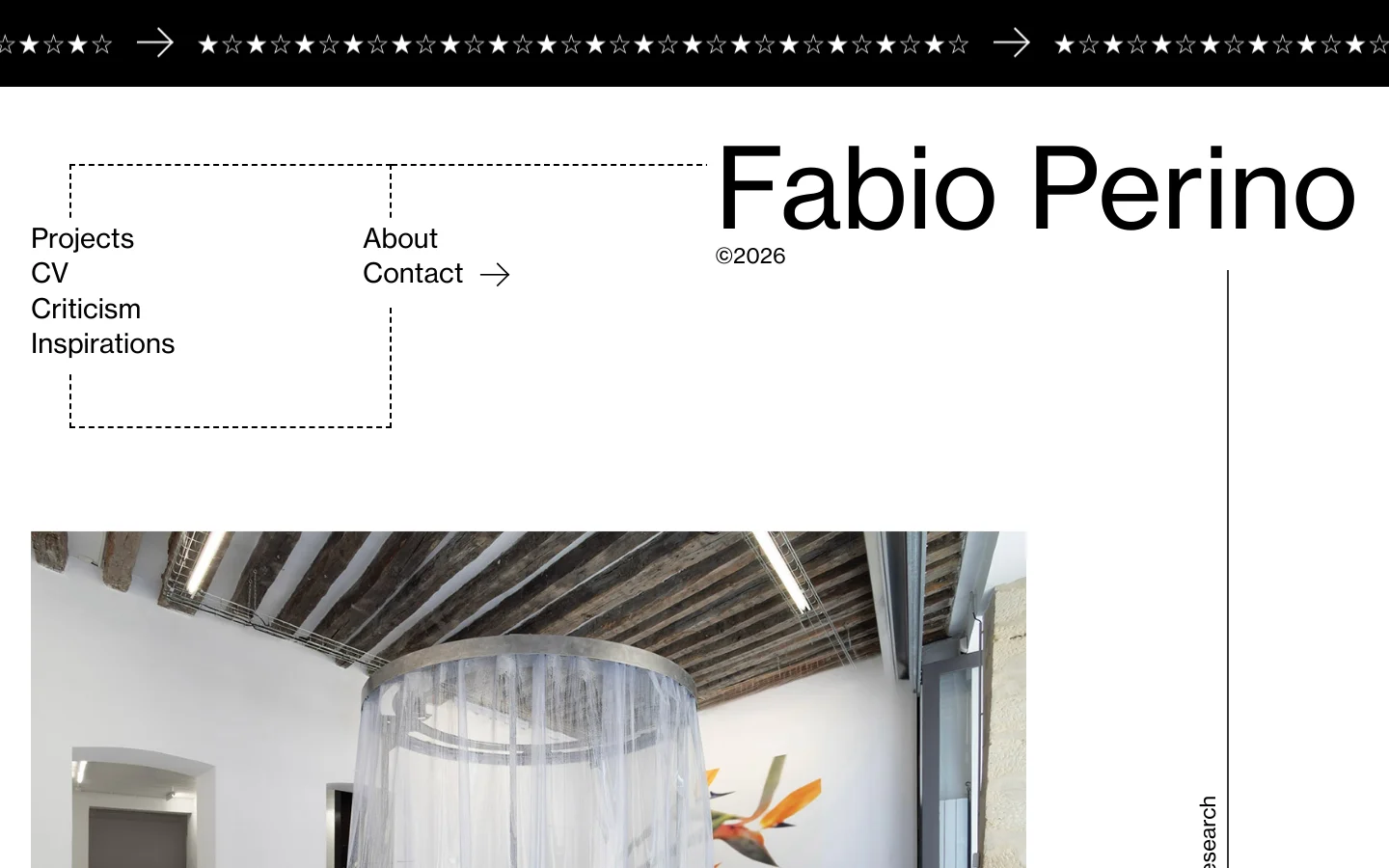 The desktop homepage for artist Fabio Perino features a minimalist white layout with a large hero image of an art installation. Navigation links for Projects, About, CV, Contact, Criticism, and Inspirations are arranged on the left, while the artist's name is prominently displayed in large black typography on the right. A thin black line and a decorative star border run across the top of the page.