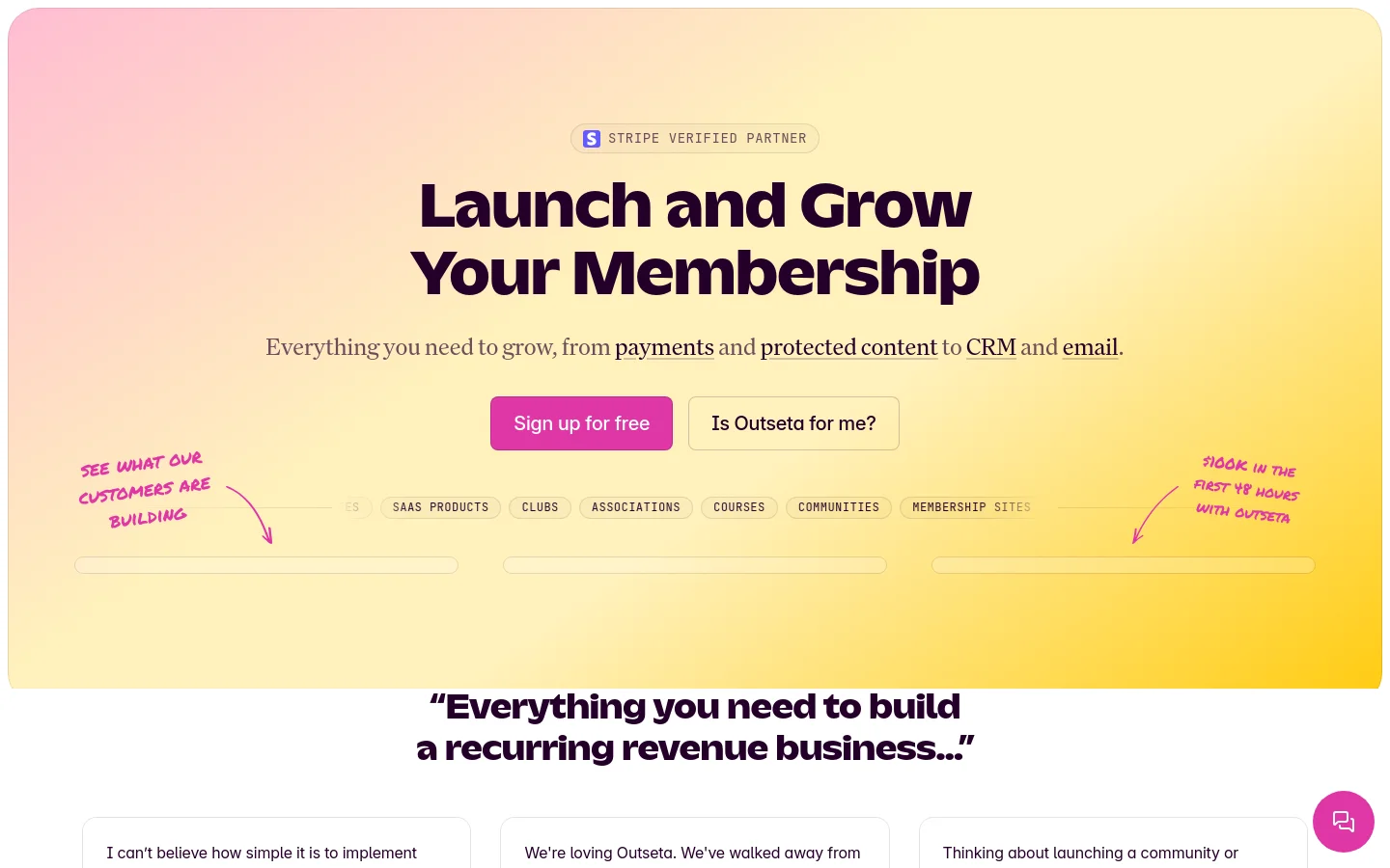 The desktop homepage features a large hero section with a pink-to-yellow gradient background and the headline 'Launch and Grow Your Membership.' Below the headline, there are two primary buttons: a pink 'Sign up for free' button and a white 'Is Outseta for me?' button, followed by a scrolling list of business types like SaaS products and clubs.