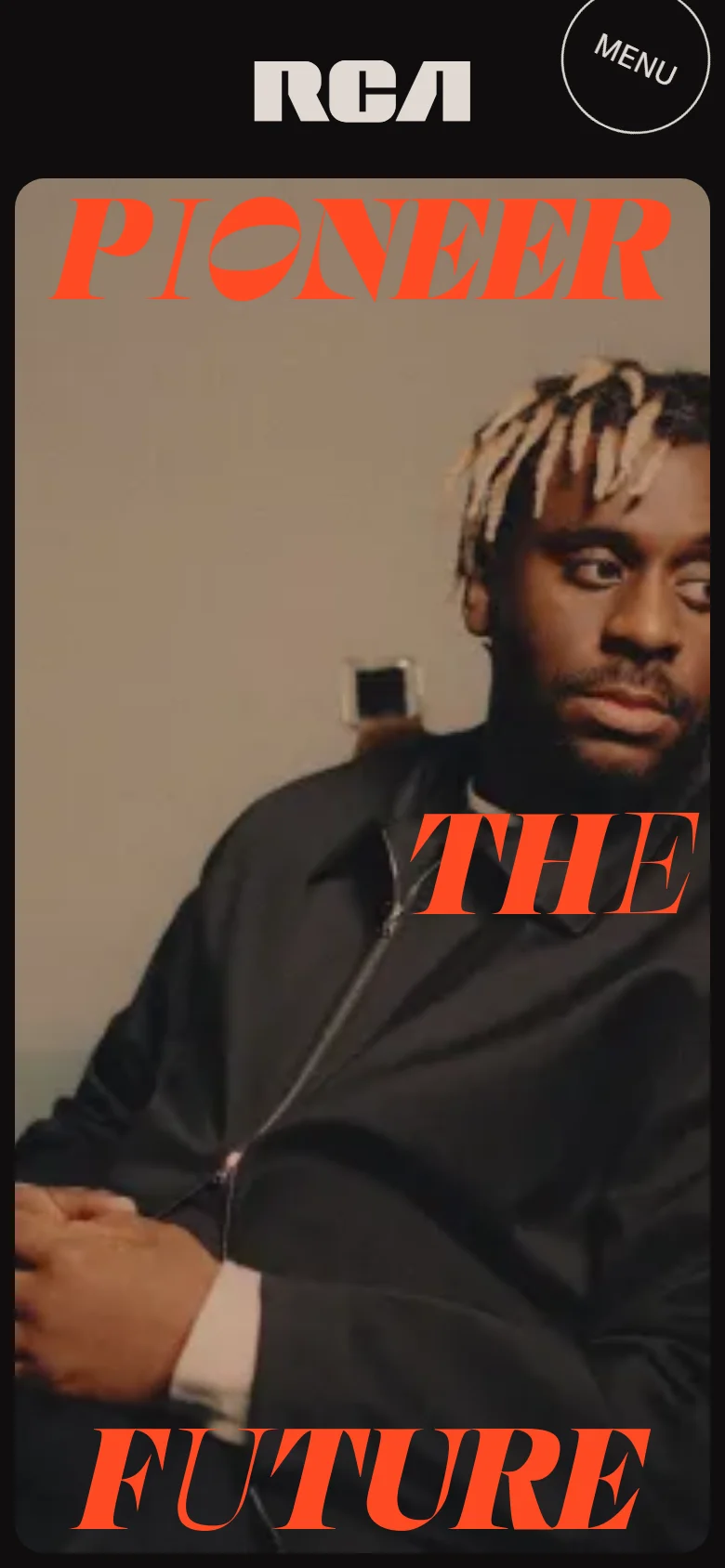 The mobile version displays the same hero image and orange 'PIONEER THE FUTURE' text, but the layout is vertically stacked. The RCA logo and circular 'MENU' button are repositioned above the hero image for a narrower screen view.