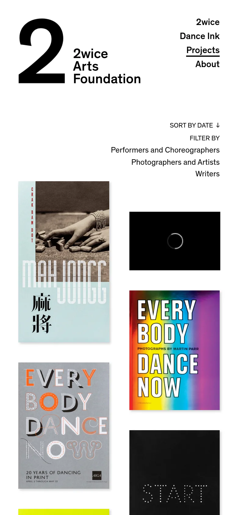 The mobile version maintains the minimalist white aesthetic but rearranges the content into a single-column vertical scroll. The navigation menu is condensed, and the project cover images are stacked vertically to fit the narrow screen width.