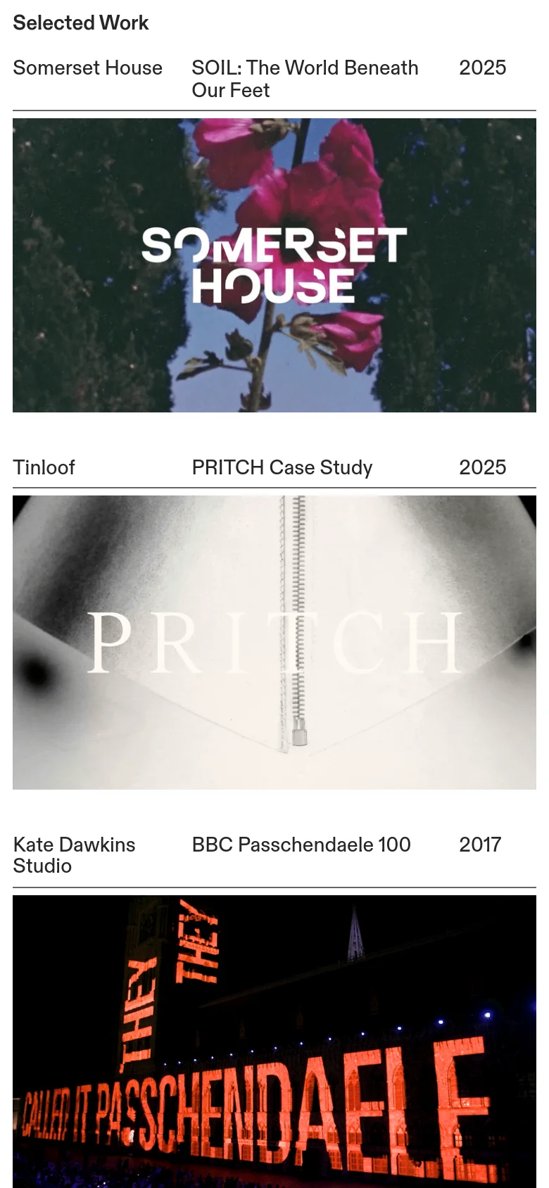 The mobile version maintains the minimalist black and white aesthetic but uses a single-column layout. The text is stacked vertically, the client table is simplified, and the 'Selected Work' images are scaled to fit the width of the mobile screen.