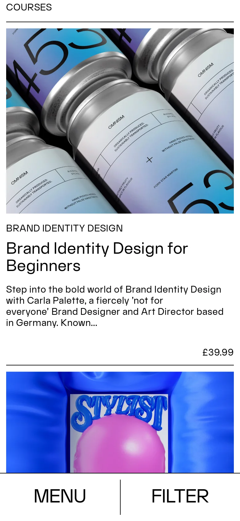 The mobile version displays a single-column vertical layout with large, full-width course images. A fixed bottom navigation bar contains large 'MENU' and 'FILTER' buttons, and the sidebar navigation from the desktop version is hidden.