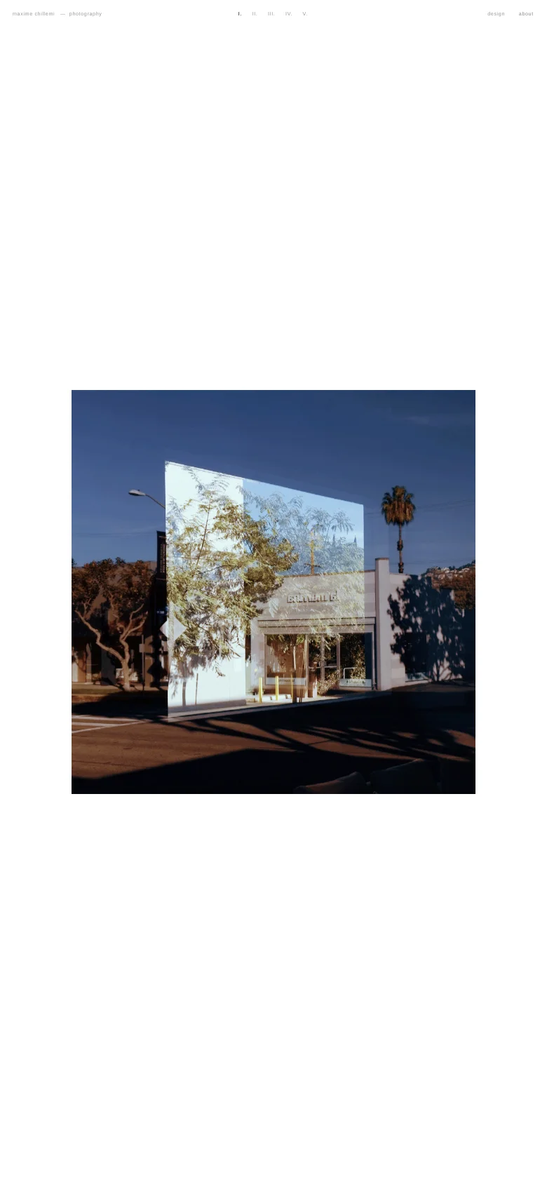 The mobile version maintains the minimalist aesthetic but presents a single, large vertical photograph as the primary focus. Navigation is simplified, and the layout is optimized for vertical scrolling, emphasizing the visual photography content against a stark white backdrop.
