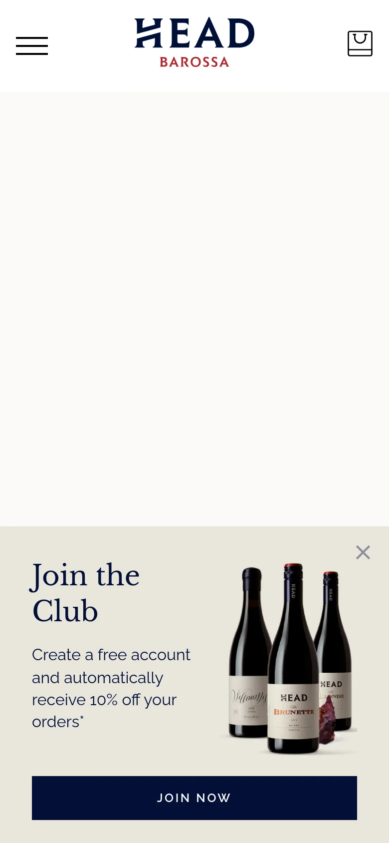 The mobile version maintains the minimalist aesthetic but uses a condensed layout with a hamburger menu icon and a shopping bag icon in the header. The contact information and 'Join the Club' call-to-action are stacked vertically, and the bottom promotional banner features a large image of wine bottles behind the text and 'JOIN NOW' button.