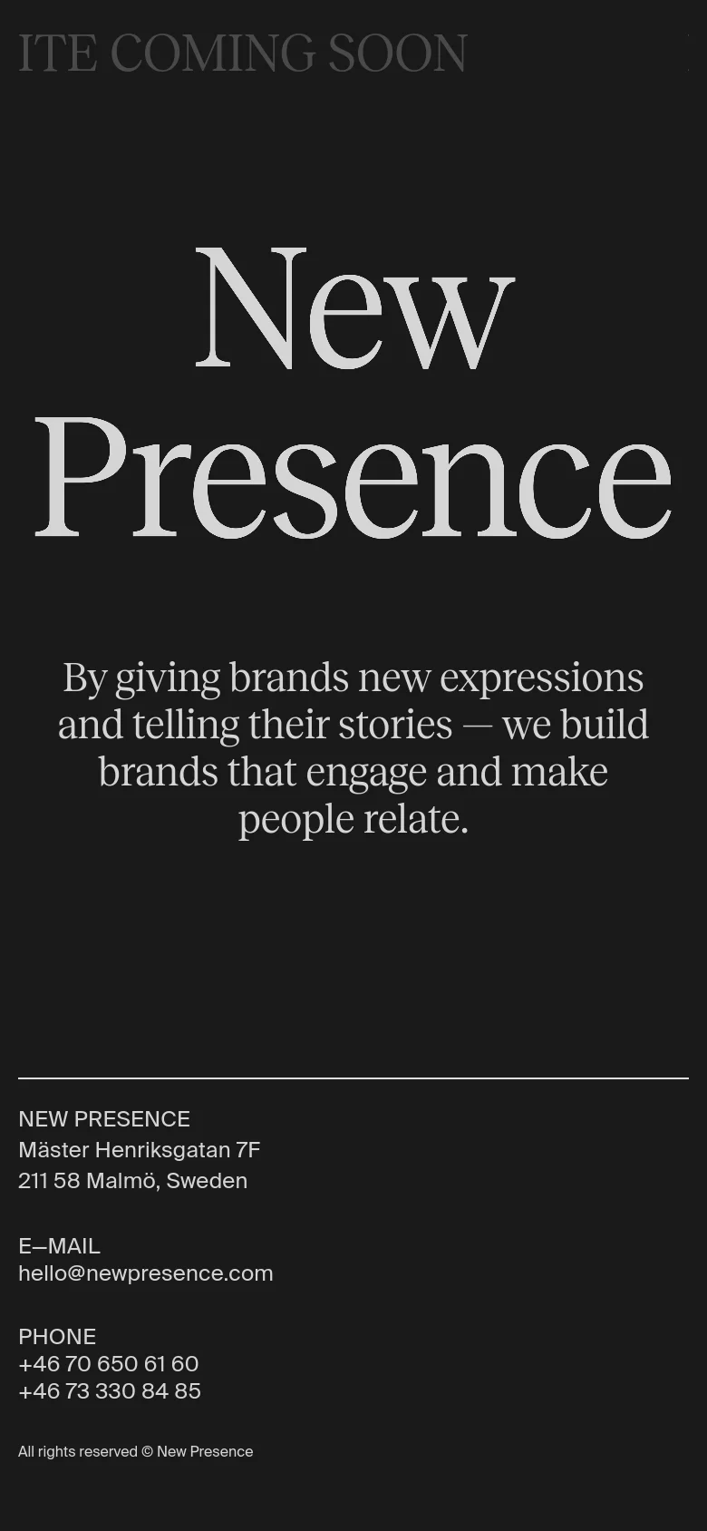 A mobile-optimized version of the landing page with a vertically stacked layout. The large 'New Presence' headline and mission statement are centered, followed by contact information including address, email, and phone numbers at the bottom.