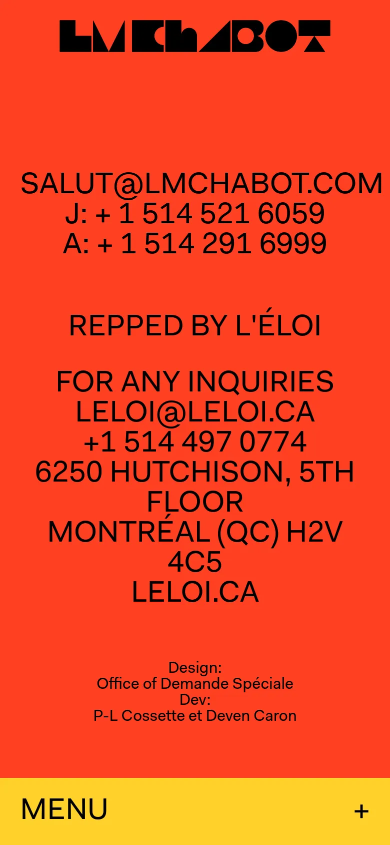 The mobile version maintains the bright orange background and bold black text but uses a stacked vertical layout to accommodate the narrow screen. The contact information and agency details are centered, and the bottom navigation is replaced by a single yellow bar with a 'MENU' button and a plus icon.