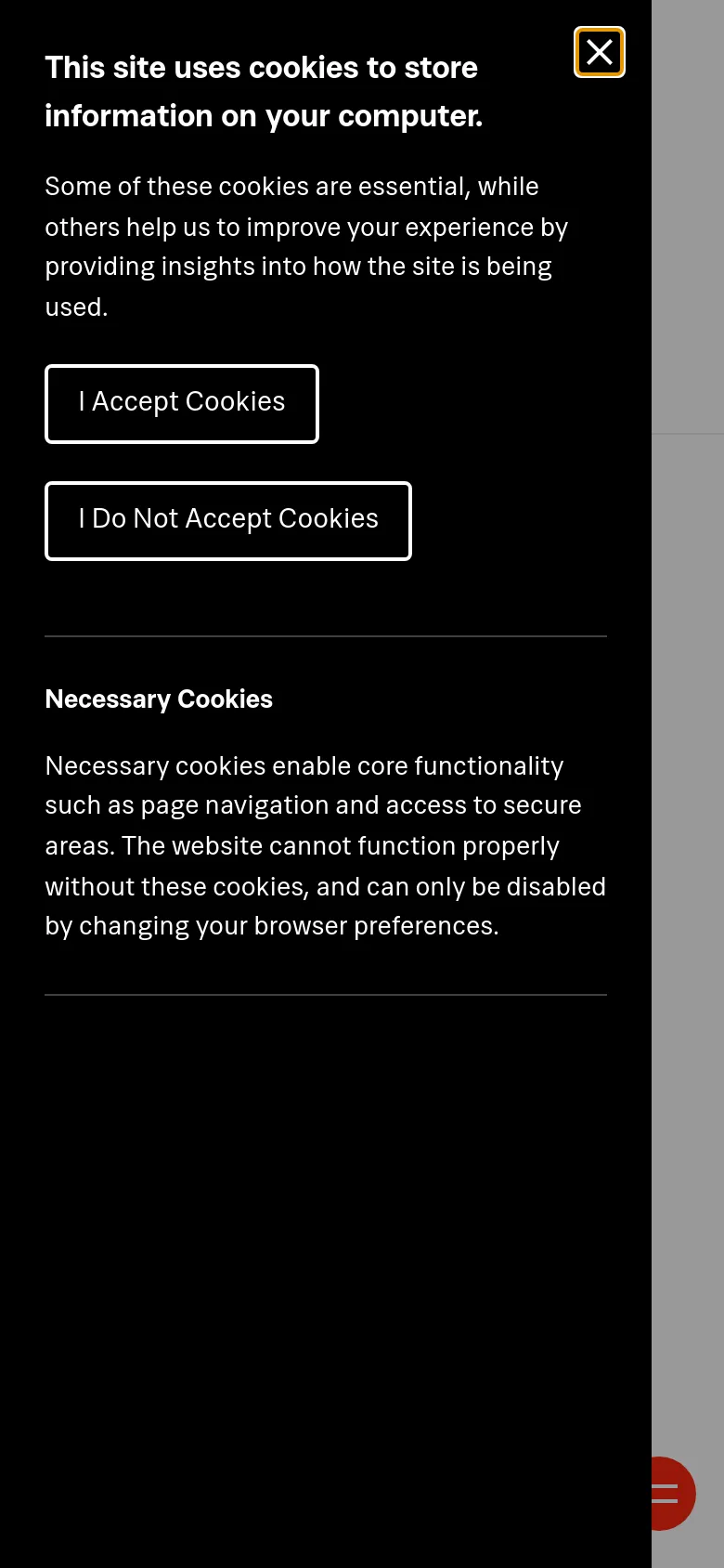 The mobile version presents a simplified, vertically stacked layout with a large cookie consent banner covering most of the screen. The navigation is condensed, and the project tiles appear larger and more singular to fit the narrow viewport. The color palette remains high-contrast with black, white, and vibrant project imagery.