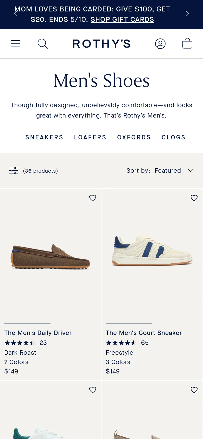 The mobile version presents a simplified vertical layout with a hamburger menu and search icon in the header. The 'Men's Shoes' title and category links are centered, followed by a single-column product feed showing large images of shoes, names, ratings, and prices.
