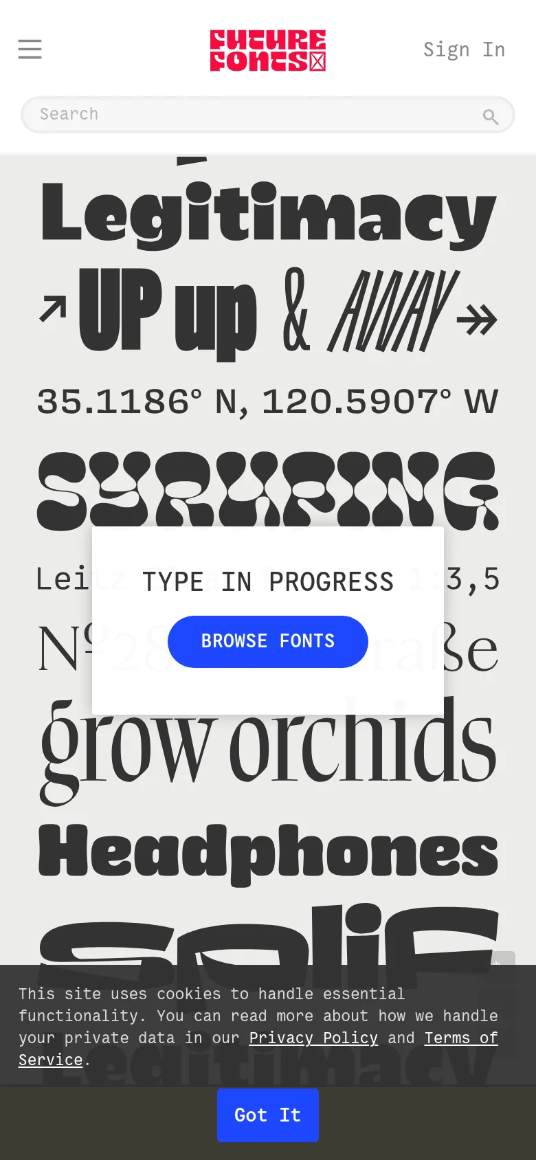 The mobile version presents a vertically stacked layout with a simplified navigation menu represented by a hamburger icon. The hero section features large, bold typography samples that fill the width of the screen, with the 'TYPE IN PROGRESS' call-to-action box and blue 'BROWSE FONTS' button centered prominently.