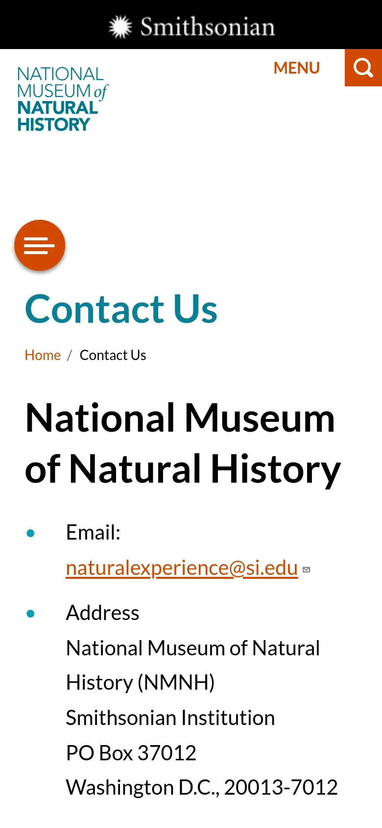 The mobile version simplifies the layout, replacing the top navigation bar with a 'MENU' button and a search icon. The teal header is reduced, and the content is stacked vertically, showing the museum logo, a large 'Contact Us' heading, and the contact details in a single-column format.