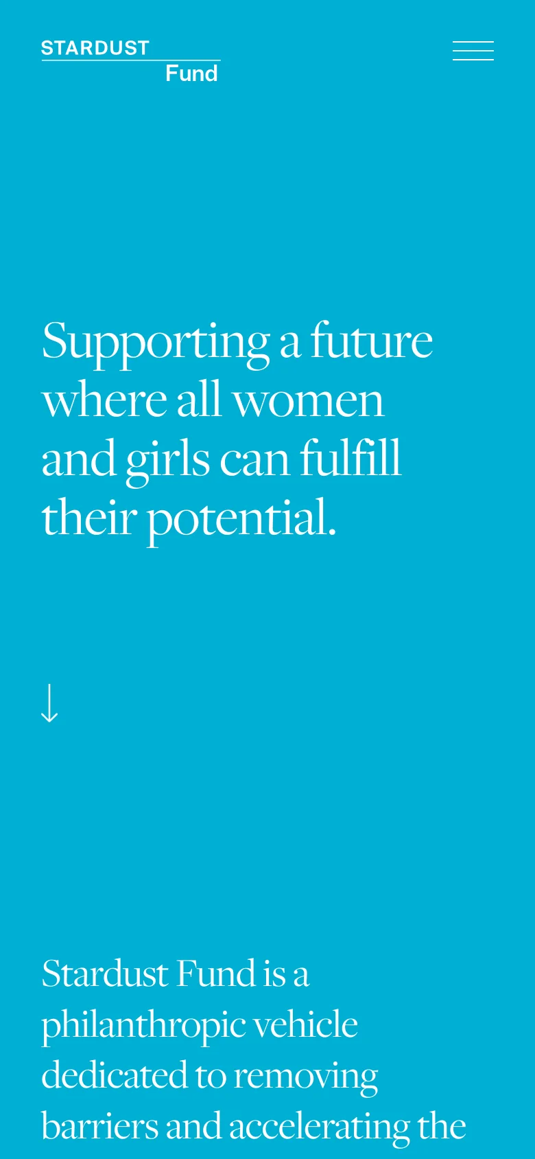 The mobile version maintains the teal background and white serif text but uses a simplified layout. The navigation is condensed into a hamburger menu icon at the top right, and the hero headline is stacked vertically to fit the narrower screen width.
