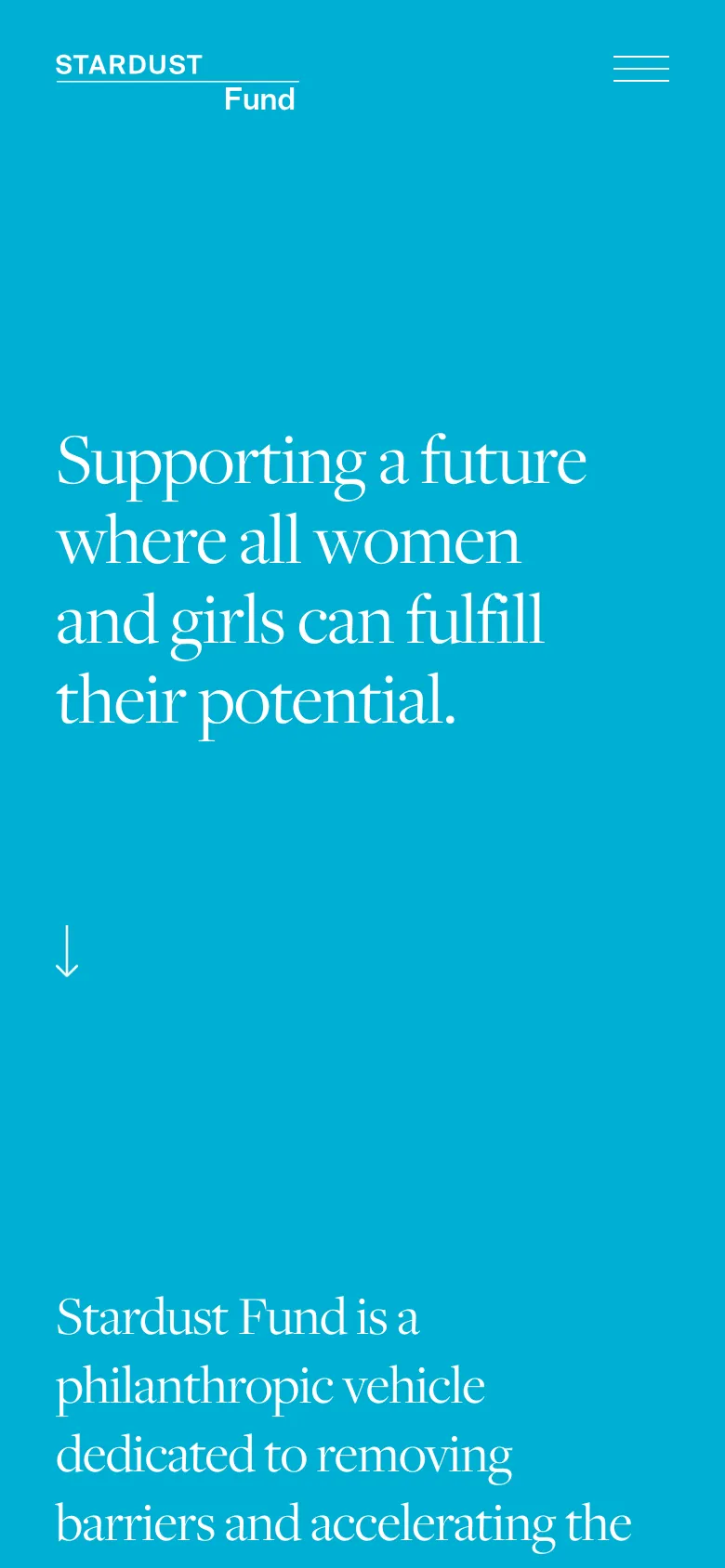 The mobile version maintains the teal background and white serif text but uses a simplified layout. The navigation is condensed into a hamburger menu icon at the top right, and the hero headline is stacked vertically to fit the narrower screen width.