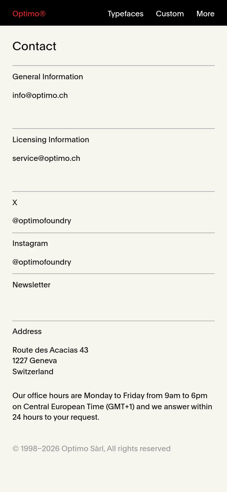 The mobile version simplifies the layout into a single vertical column for easier scrolling. The navigation bar is condensed into a 'More' menu, and all contact information, including the newsletter email input and address, is stacked vertically on the light gray background.