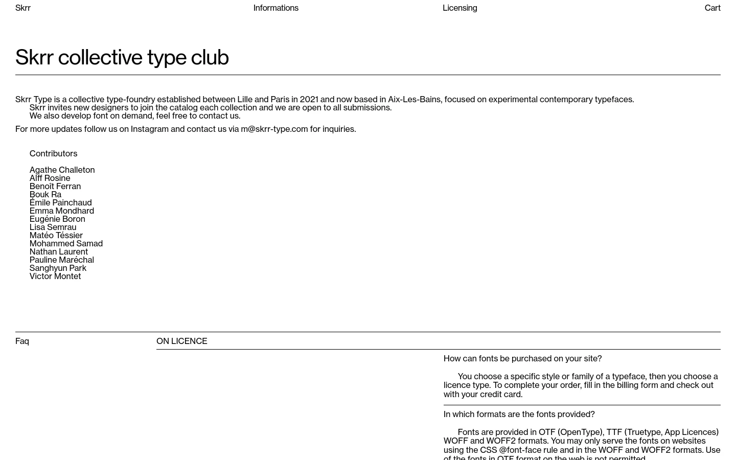 The desktop version of the Informations page features a minimalist white background with black text. A top navigation bar contains links for Skrr, Informations, Licensing, and Cart, while the main content includes a large headline 'Skrr collective type club', an introductory paragraph, a list of contributors, and a FAQ section organized with horizontal dividers.