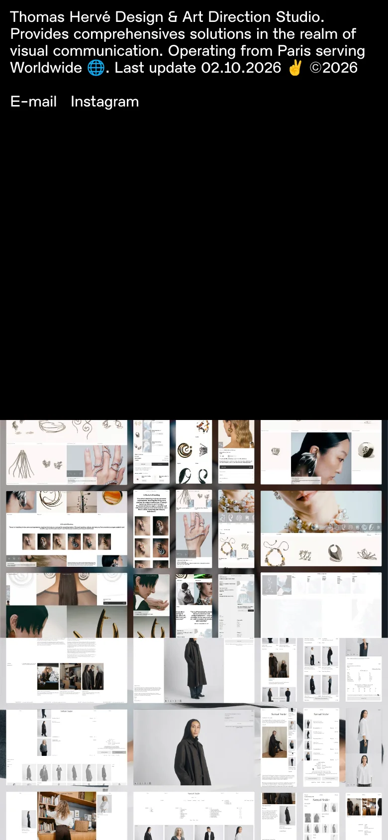 The mobile version maintains the black background and white typography but scales the text and layout for a vertical orientation. The project image grid shifts to a single or double column format to fit the narrower screen, ensuring the visual portfolio remains the central focus.