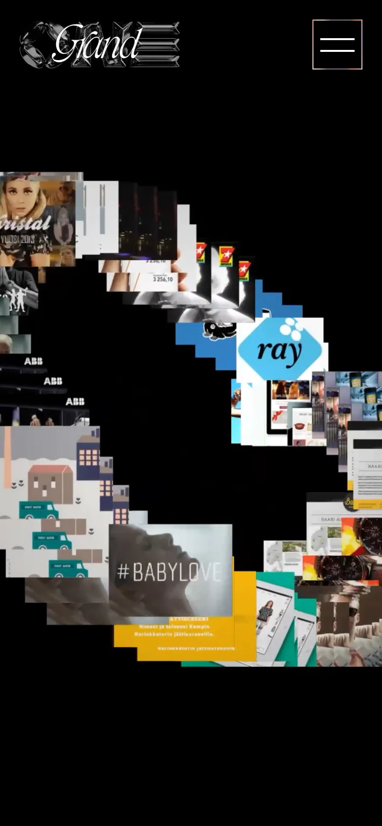 The mobile version maintains the dark theme and artistic collage of media works, but the layout is more vertically oriented to fit the narrow screen. The logo and hamburger menu are prominently positioned at the top, and the imagery appears more tightly packed and centered compared to the desktop version.