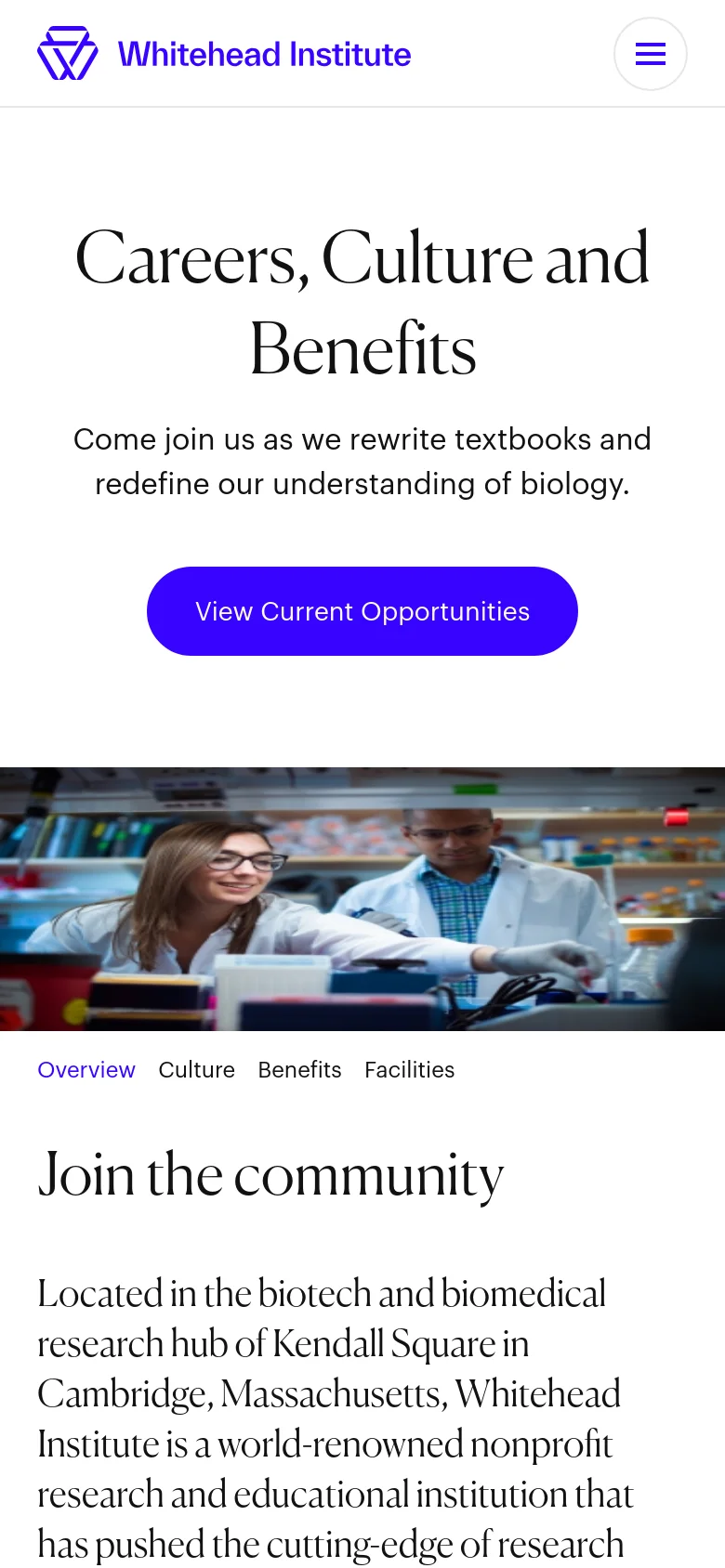 The mobile version maintains the white background and large serif headline but uses a simplified layout with a hamburger menu icon in the top right. The purple 'View Current Opportunities' button is centered, and the hero image of the scientists is positioned below the main text block. An anchor navigation menu with links for Overview, Culture, Benefits, and Facilities is visible below the image.