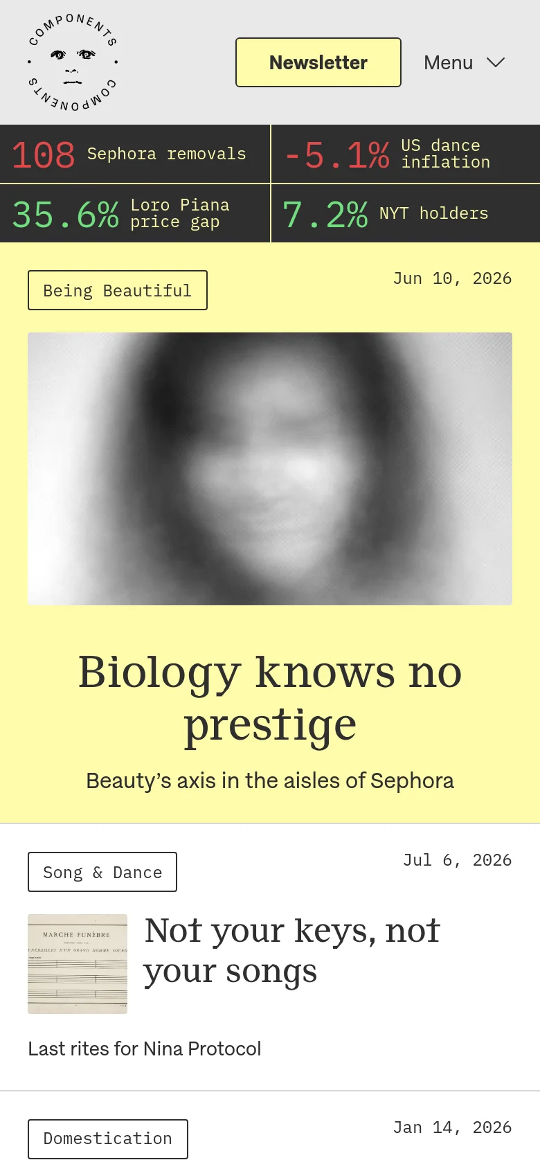 The mobile version presents a single-column vertical scroll on a pale yellow background. The top features a dark ticker bar with white and green text, followed by a large hero article with a blurred image and bold headline. Articles are stacked vertically, each containing a category tag, date, image, and headline.