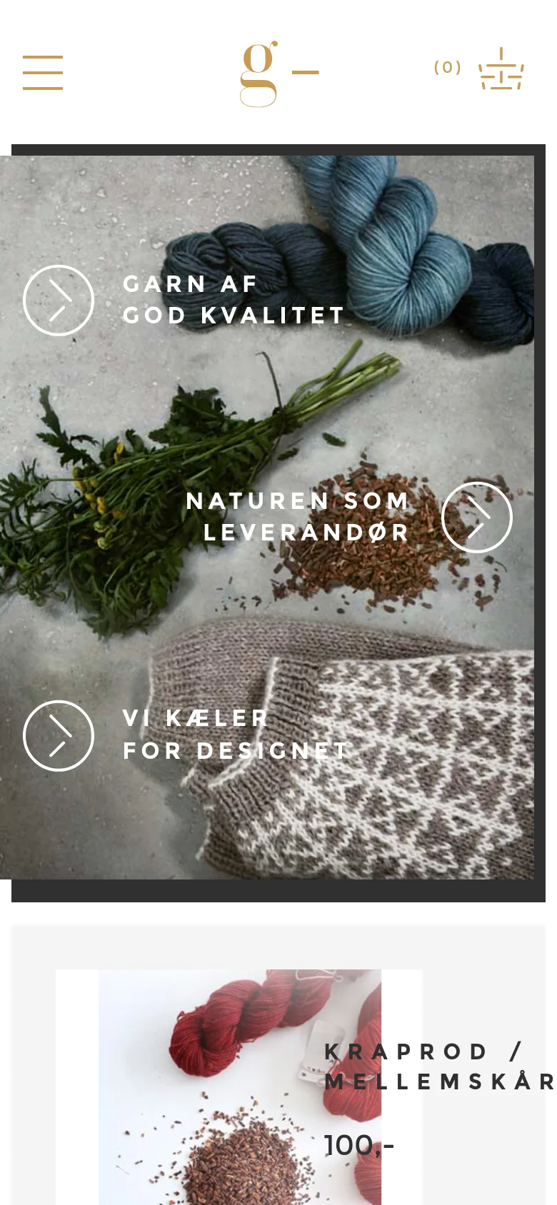 The mobile version uses a simplified header with a hamburger menu, a centered logo, and a shopping cart icon. The hero section is condensed, displaying a large background image of dyeing materials with three overlaying text links and arrow icons for navigation. The layout transitions to a single-column view for product and course listings below the hero image.