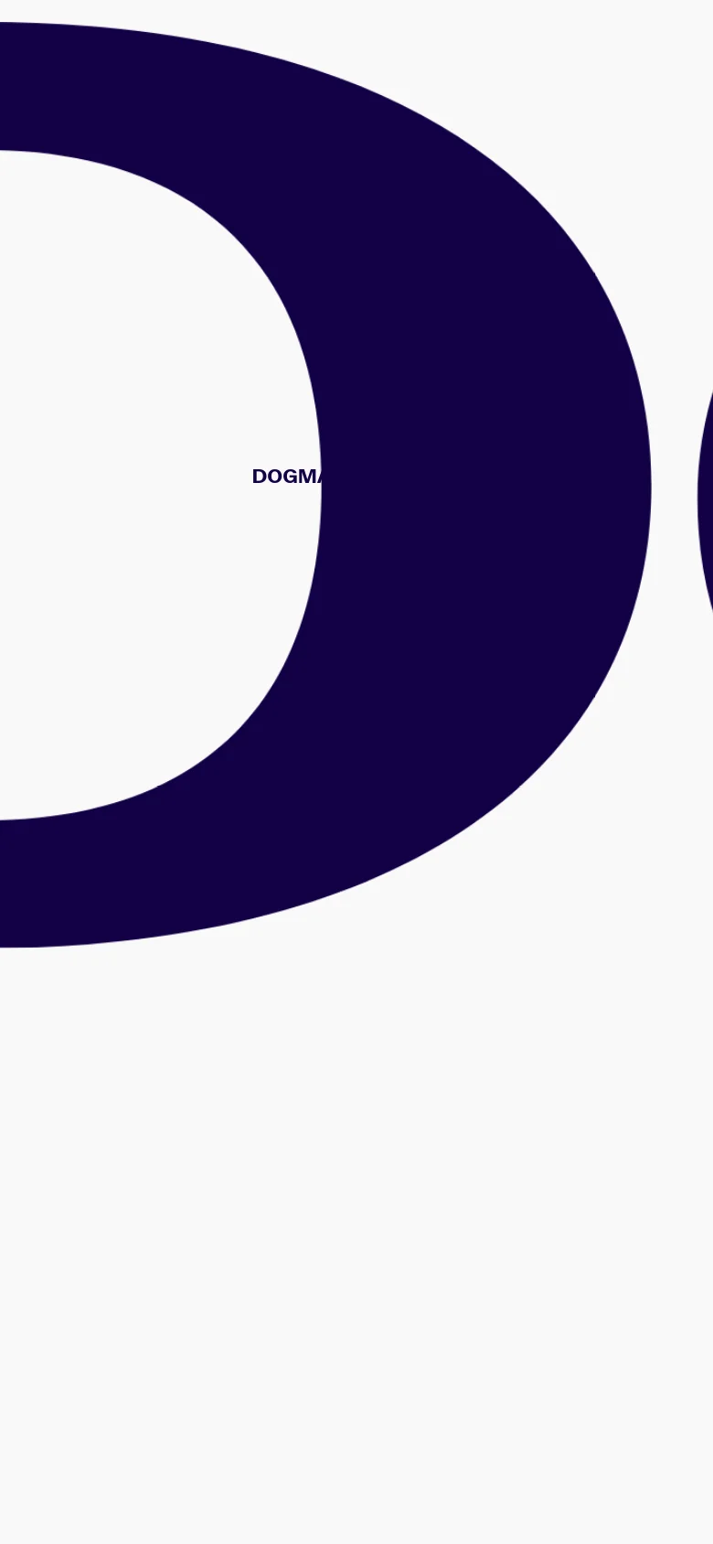 The mobile version maintains the minimalist white and dark navy color scheme but reflows the content into a single vertical column for easier scrolling. The large typography of the manifesto is scaled down to fit the narrower screen width, and the overall layout remains text-heavy without additional imagery.