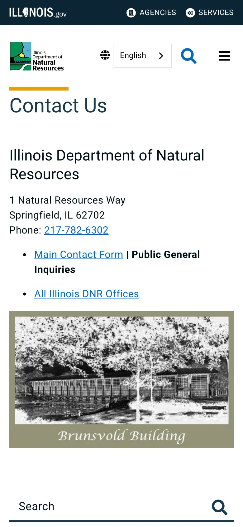 The mobile version simplifies the layout with a condensed header containing a hamburger menu, search icon, and language selector. The content follows a single-column vertical stack, showing the 'Contact Us' headline, contact details, and the Brunsvold Building image, with a prominent search bar at the bottom.