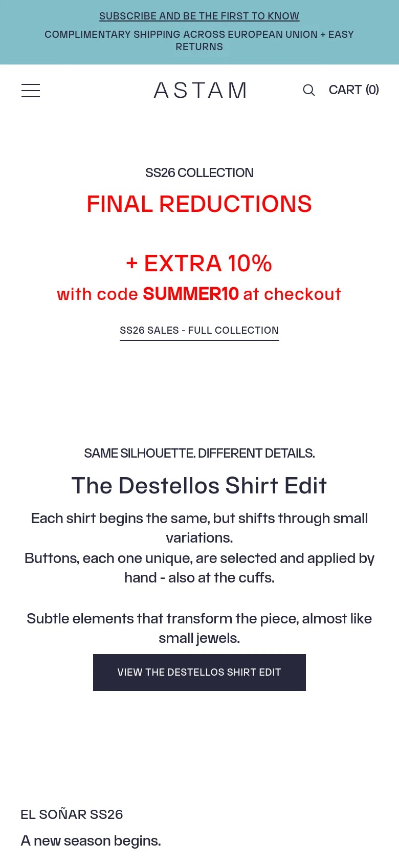The mobile version uses a simplified layout with a hamburger menu and a centered logo. The hero section for SS26 Final Reductions is stacked vertically, followed by the 'Destellos Shirt Edit' text and a full-width button, maintaining the clean, high-end aesthetic on a narrower screen.