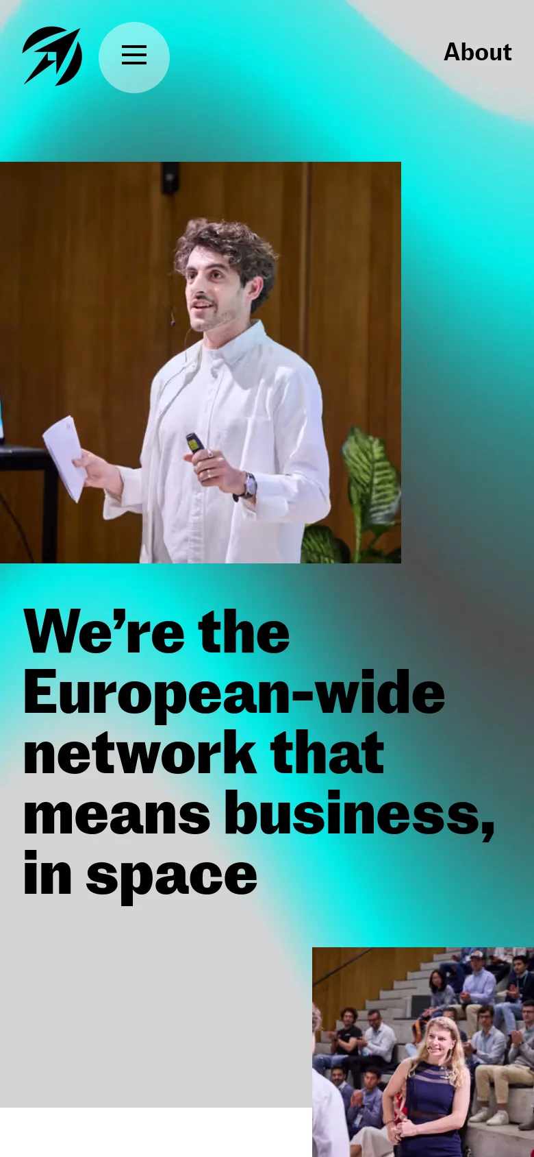 The mobile version simplifies the layout, featuring a bright cyan and white gradient background with a large hero image of a man speaking. The main headline is stacked vertically in a bold black font, and the navigation is condensed into a hamburger menu icon at the top left next to the logo.