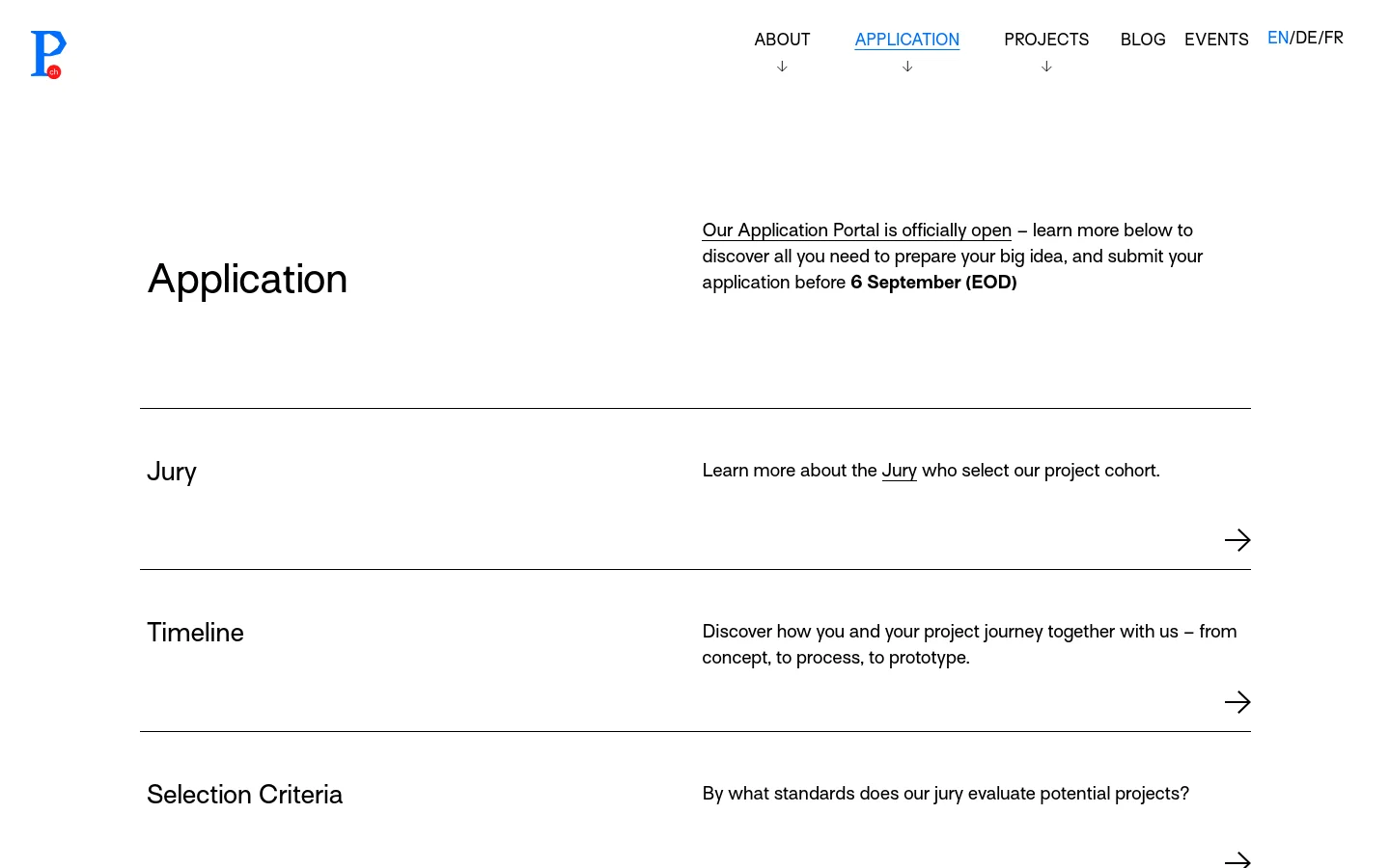 The desktop page features a clean, white layout with a top navigation bar and a large 'Application' heading. Below the heading, a text section announces the application portal is open, followed by a list of sections including Jury, Timeline, and Selection Criteria, each separated by horizontal lines and accompanied by descriptive text and arrow icons.