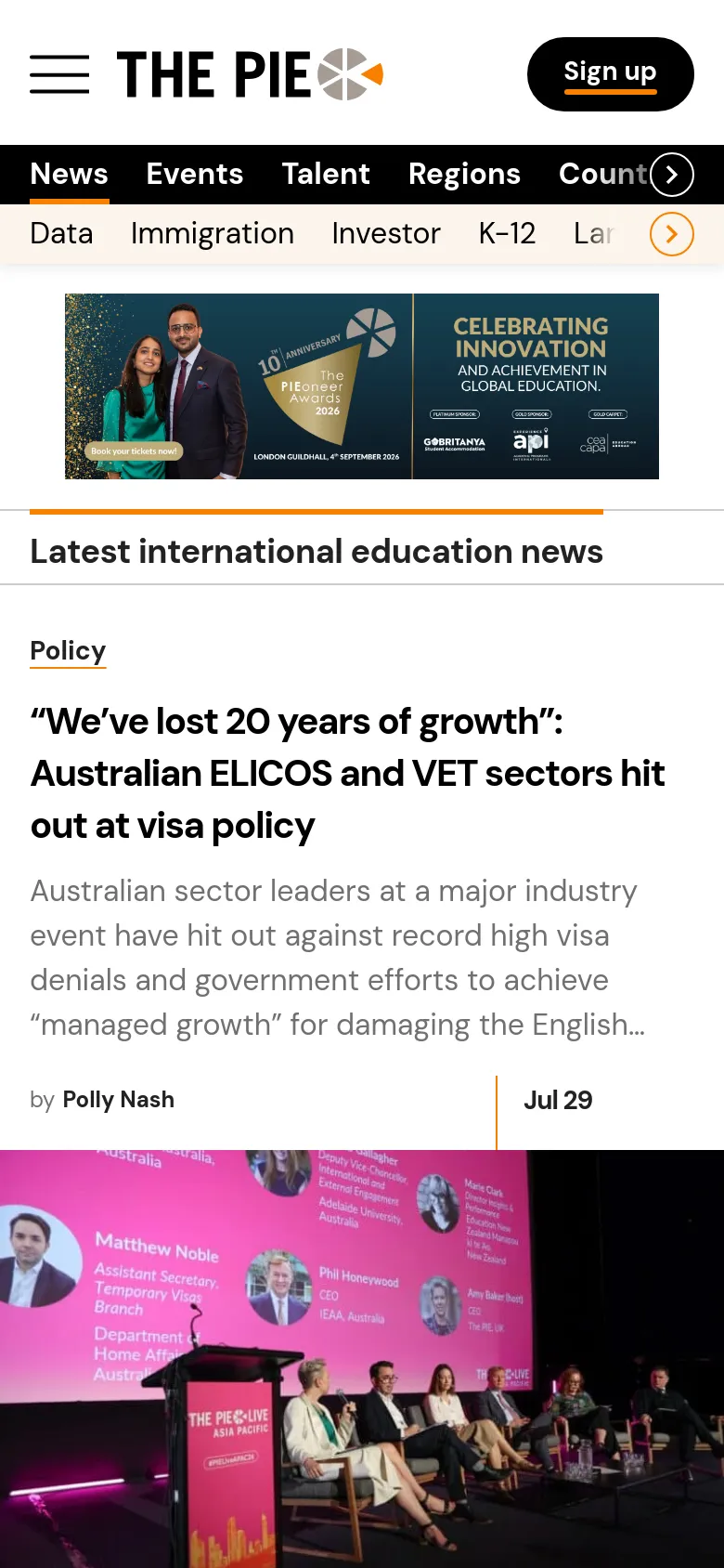The mobile version displays a simplified header with a hamburger menu, the site logo, and a 'Sign up' button. The content is stacked vertically, starting with a promotional banner for the PIEoneer Awards, followed by the 'Latest international education news' headline and a single-column news feed with large images and text.