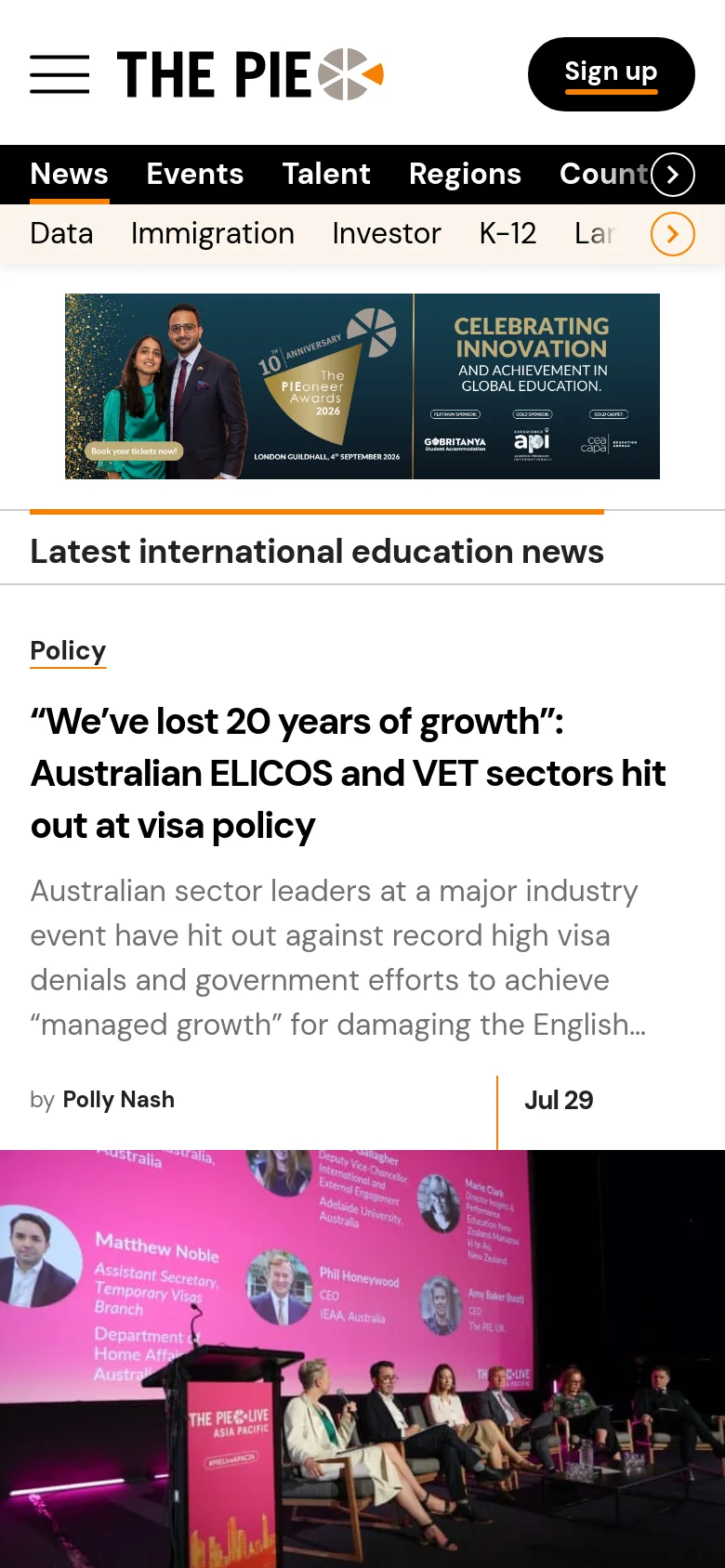 The mobile version displays a simplified header with a hamburger menu, the site logo, and a 'Sign up' button. The content is stacked vertically, starting with a promotional banner for the PIEoneer Awards, followed by the 'Latest international education news' headline and a single-column news feed with large images and text.