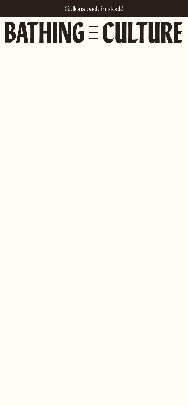 The mobile version simplifies the layout, displaying the 'BATHING CULTURE' logo centered with a hamburger menu icon to the left. The top announcement bar remains visible, and the overall design maintains the cream and black color scheme with a more compact header.