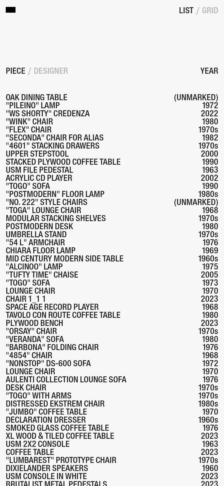 The mobile version simplifies the layout into a single vertical column, prioritizing the text list of archive items. The large hero image is removed or repositioned to allow for easy scrolling through the piece, designer, and year details. Navigation links like List and Grid are condensed at the top of the screen.