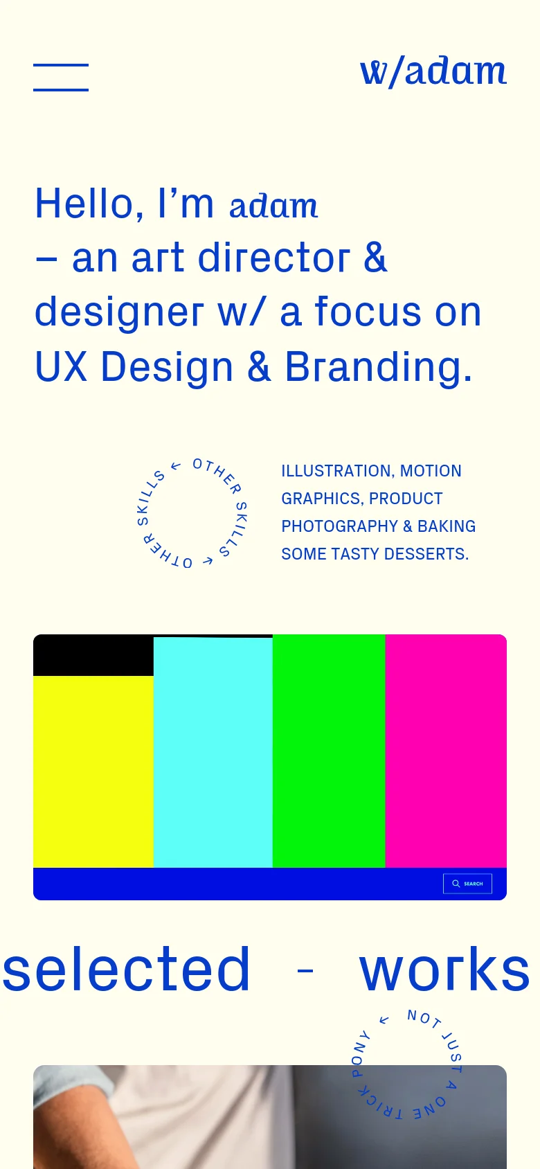 The mobile version maintains the cream background and bold blue headline but stacks the content vertically for a narrow viewport. The circular 'other skills' graphic is centered above the text, and the project grid transitions into a single-column layout, making the images and project details easier to scroll through on a phone.