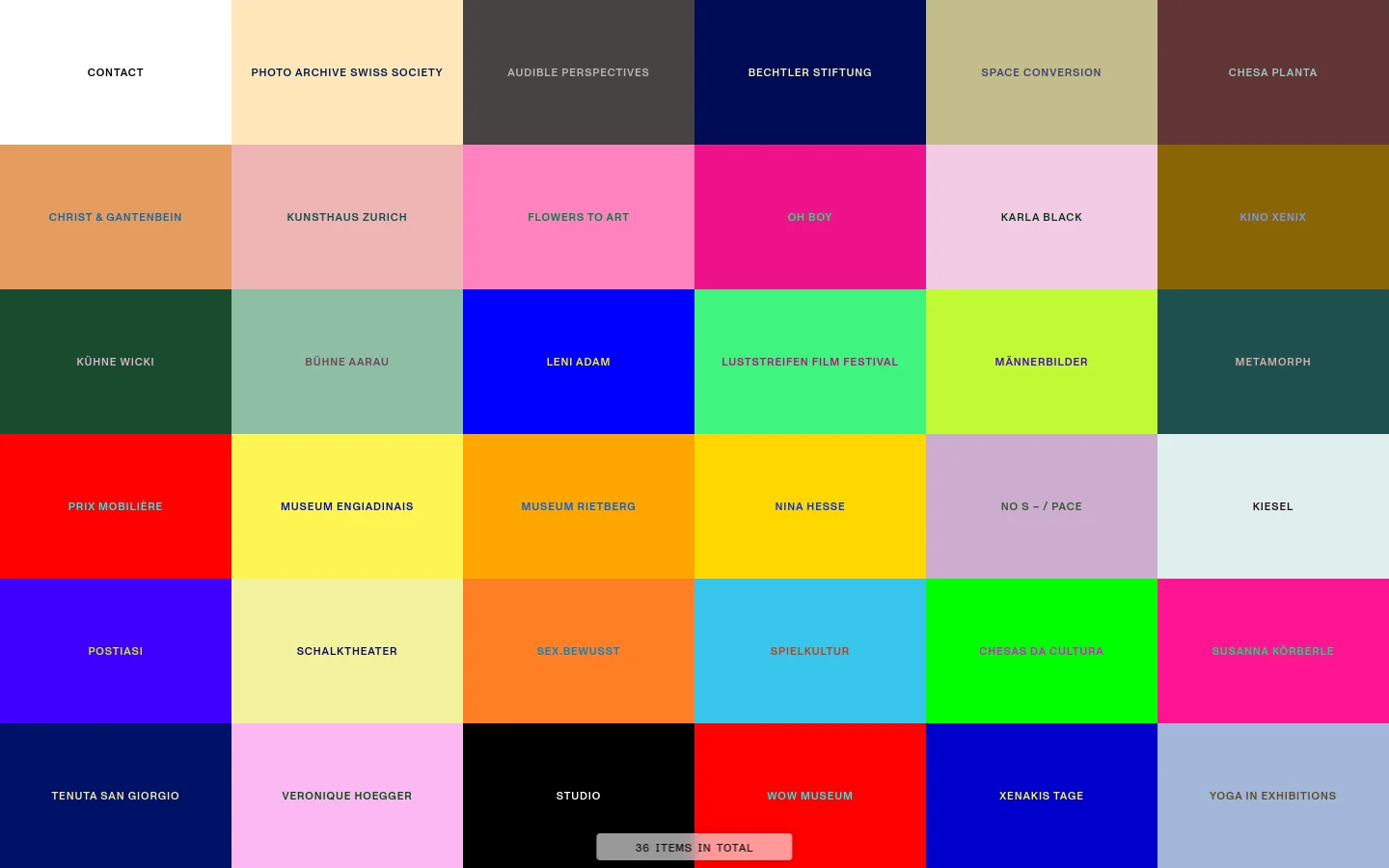 The desktop homepage for Studio Coralie Wipf features a minimalist design with a large, colorful grid of rectangular tiles. Each tile contains a project name in sans-serif typography against a solid, vibrant background color. Navigation links for services and grid views are listed at the top left, and a total item count is centered at the bottom.