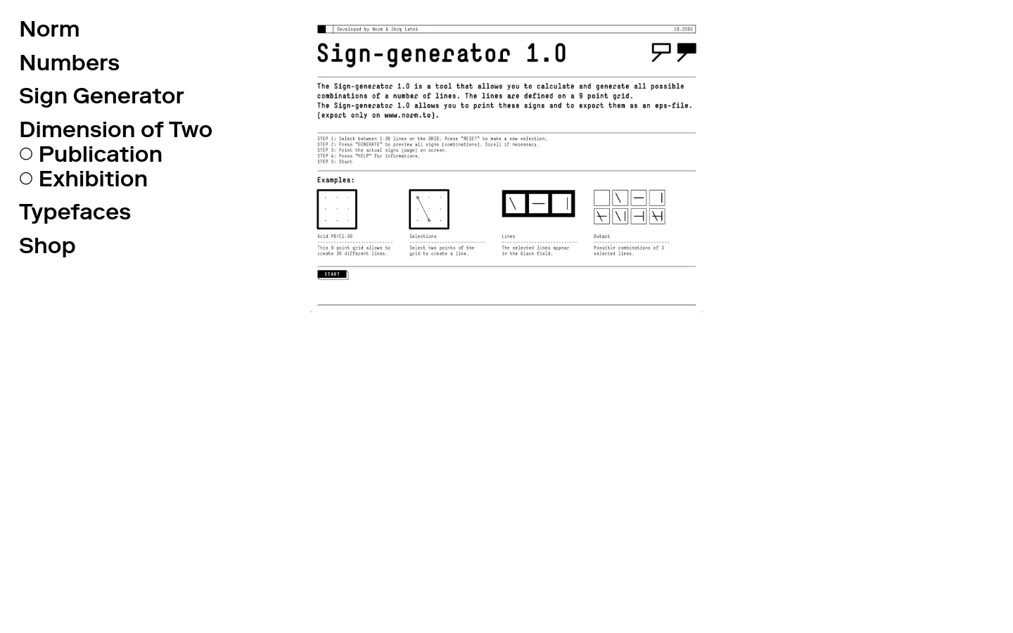 The desktop page features a minimalist white background with black typography. A sidebar on the left contains navigation links like 'Norm', 'Numbers', and 'Typefaces', while the main content area displays 'Sign-generator 1.0' with instructions and a grid of example diagrams showing line combinations. The layout is clean and structured with a technical, Swiss-style aesthetic.