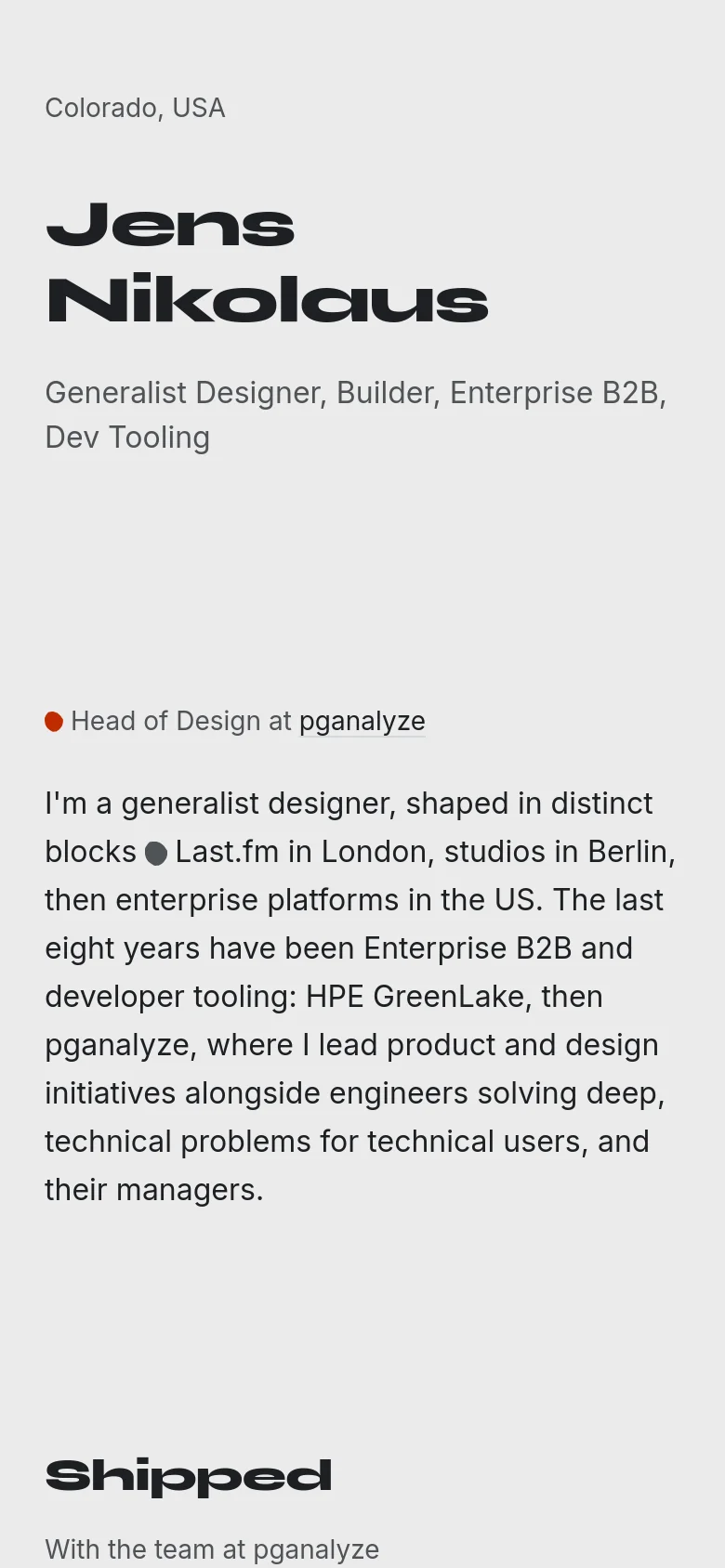 The mobile version maintains the minimalist light gray aesthetic but reflows the content into a single vertical column. The large ink brushstroke graphic is removed or repositioned to prioritize the text, and the typography scales down to fit the narrower viewport.