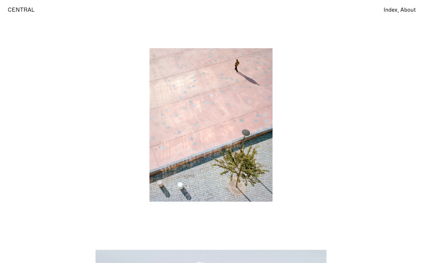 The desktop homepage for Central, an architecture and urbanism office, features a minimalist white layout with a large hero image of a pinkish plaza with a single person and a tree. A navigation menu at the top right includes 'Index' and 'About', while a grid of project images with titles like 'Gilly' and 'Victoria' follows below.