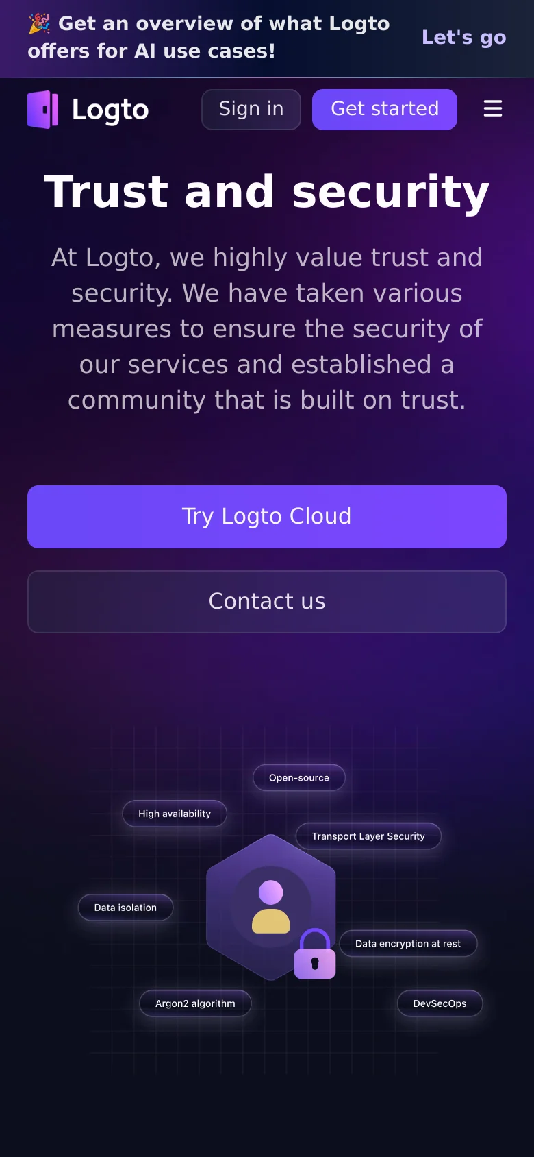 The mobile version presents a vertically stacked layout on a dark purple background, starting with a top banner and the Logto logo. The 'Trust and security' headline and description are centered, followed by two large, full-width buttons for 'Try Logto Cloud' and 'Contact us'. The security graphic with floating labels is moved below the buttons and scaled to fit the narrower screen width.