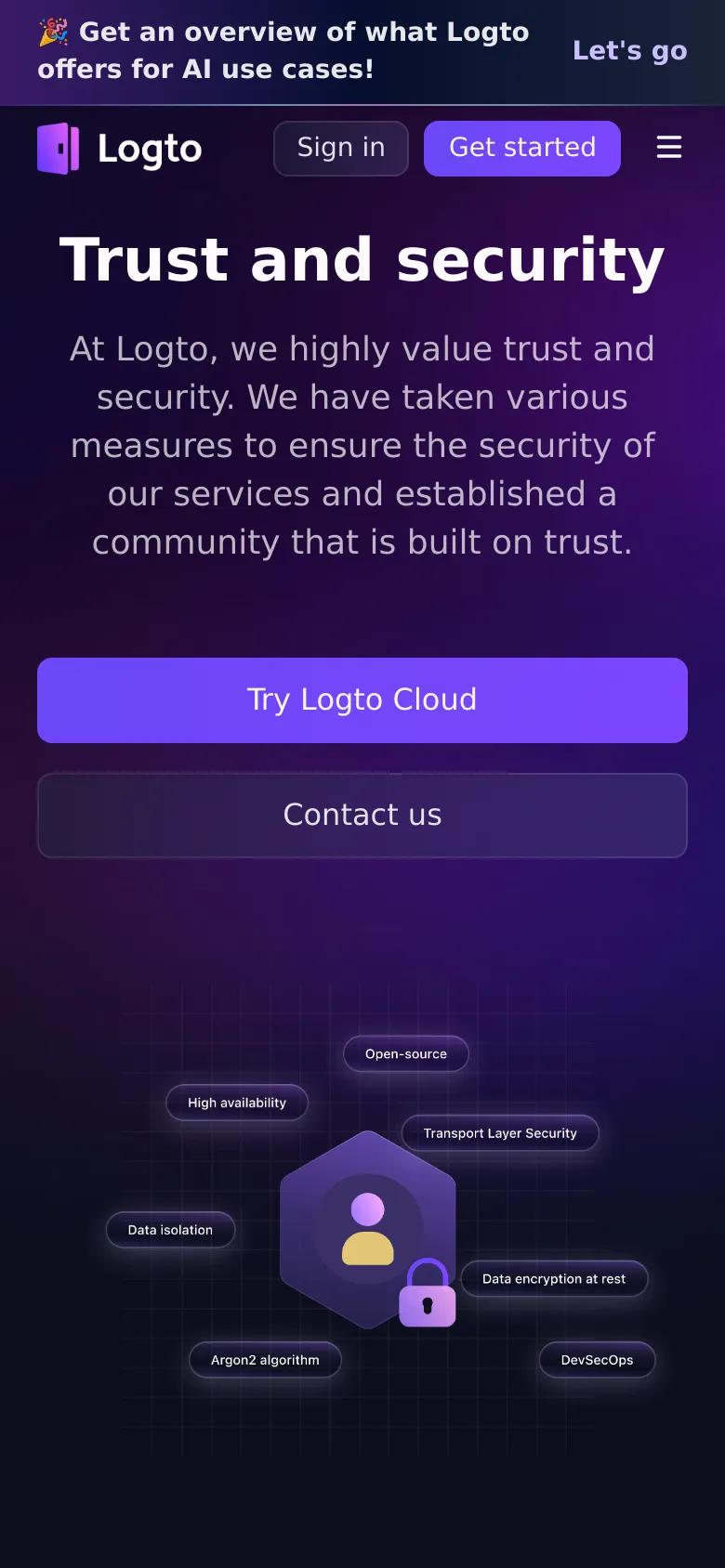 The mobile version presents a vertically stacked layout on a dark purple background, starting with a top banner and the Logto logo. The 'Trust and security' headline and description are centered, followed by two large, full-width buttons for 'Try Logto Cloud' and 'Contact us'. The security graphic with floating labels is moved below the buttons and scaled to fit the narrower screen width.