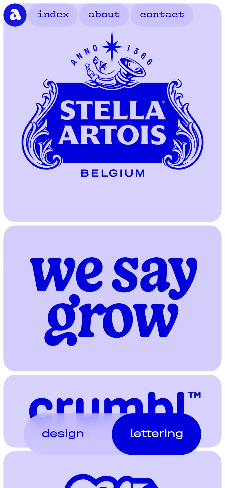 The mobile version maintains the light lavender color scheme but transitions the project grid into a single-column vertical scroll. The navigation links are condensed at the top, and a prominent blue pill-shaped button with the text 'lettering' is visible over the content.
