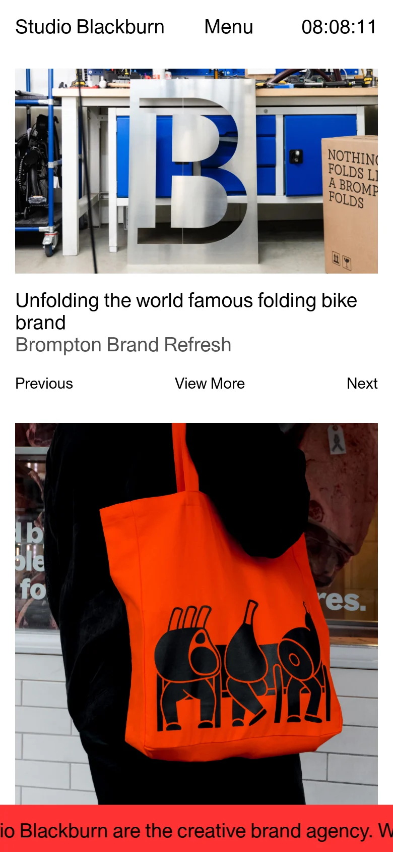 The mobile version uses a simplified header with the agency name, a 'Menu' button, and a digital clock. The layout shifts to a single-column vertical stack, displaying the large hero image followed by project titles, descriptions, and navigation links like 'Previous' and 'Next' in a vertical sequence.