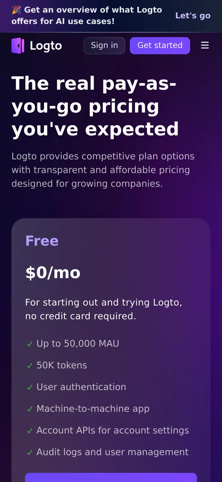 The mobile version displays a single-column layout with the headline and subheadline stacked vertically at the top. The pricing cards are stacked vertically instead of horizontally, showing one plan at a time to fit the narrow screen. The navigation bar is condensed, featuring a hamburger menu icon next to the logo and 'Get started' button.
