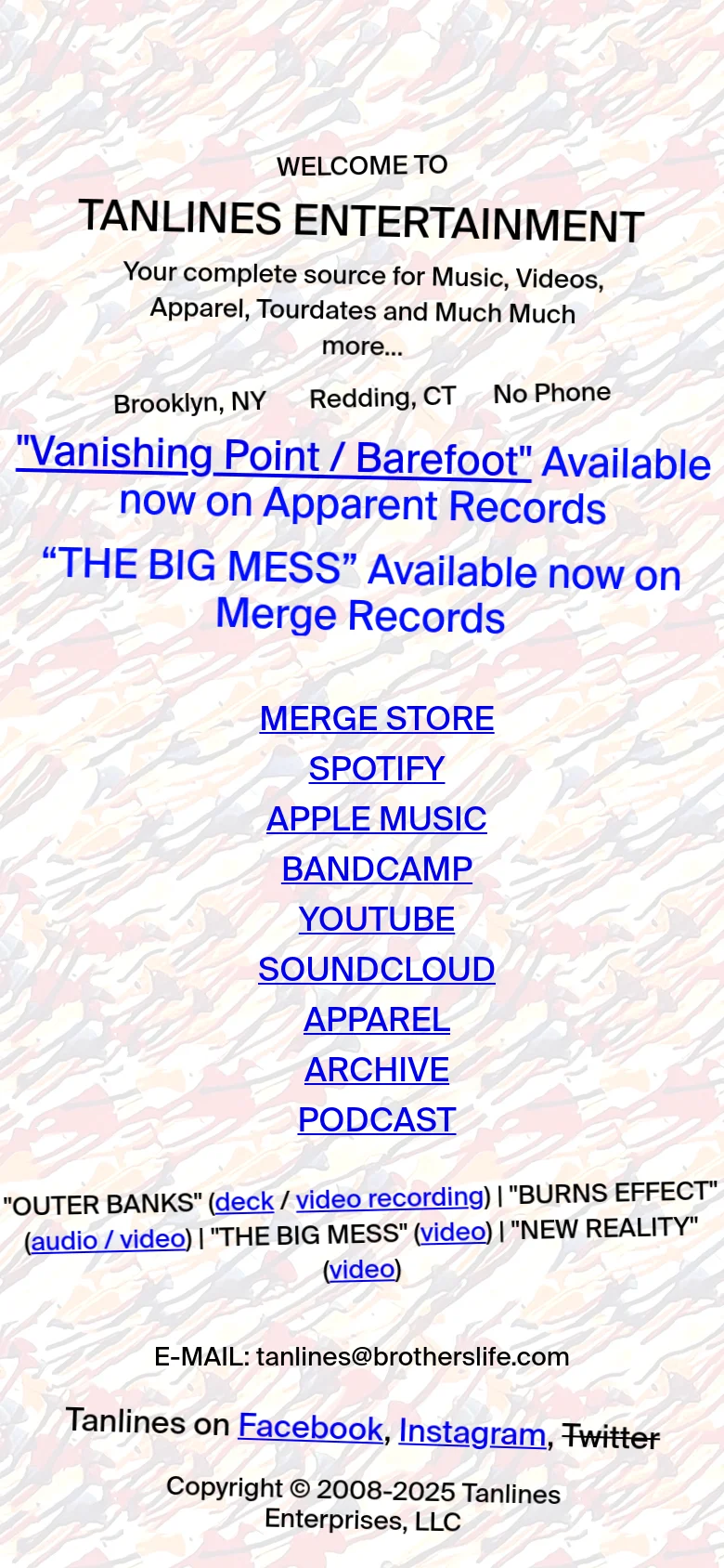 The mobile version maintains the centered text layout and abstract patterned background but stacks the navigation links vertically for easier tapping. The headlines remain prominent, and the contact information is condensed at the bottom of the single-column scrolling view.