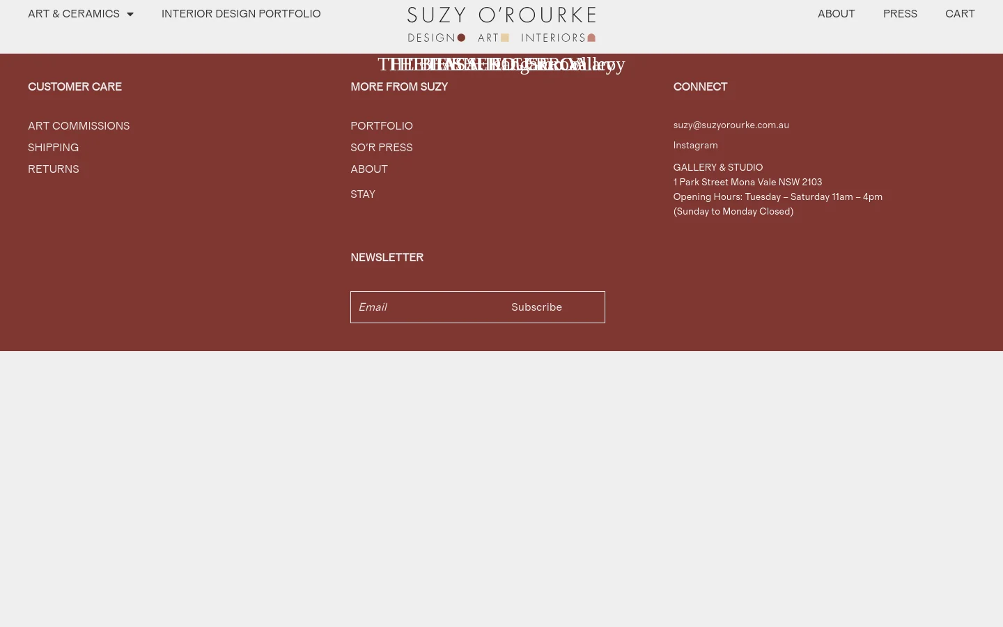 The desktop portfolio page features a minimalist white layout with a centered logo for Suzy O'Rourke. A grid of large, high-quality interior design project images is displayed, each followed by a bold text heading like 'THE SHED. GERROA.' A deep terracotta-colored footer contains site navigation, contact details, and a newsletter subscription field.