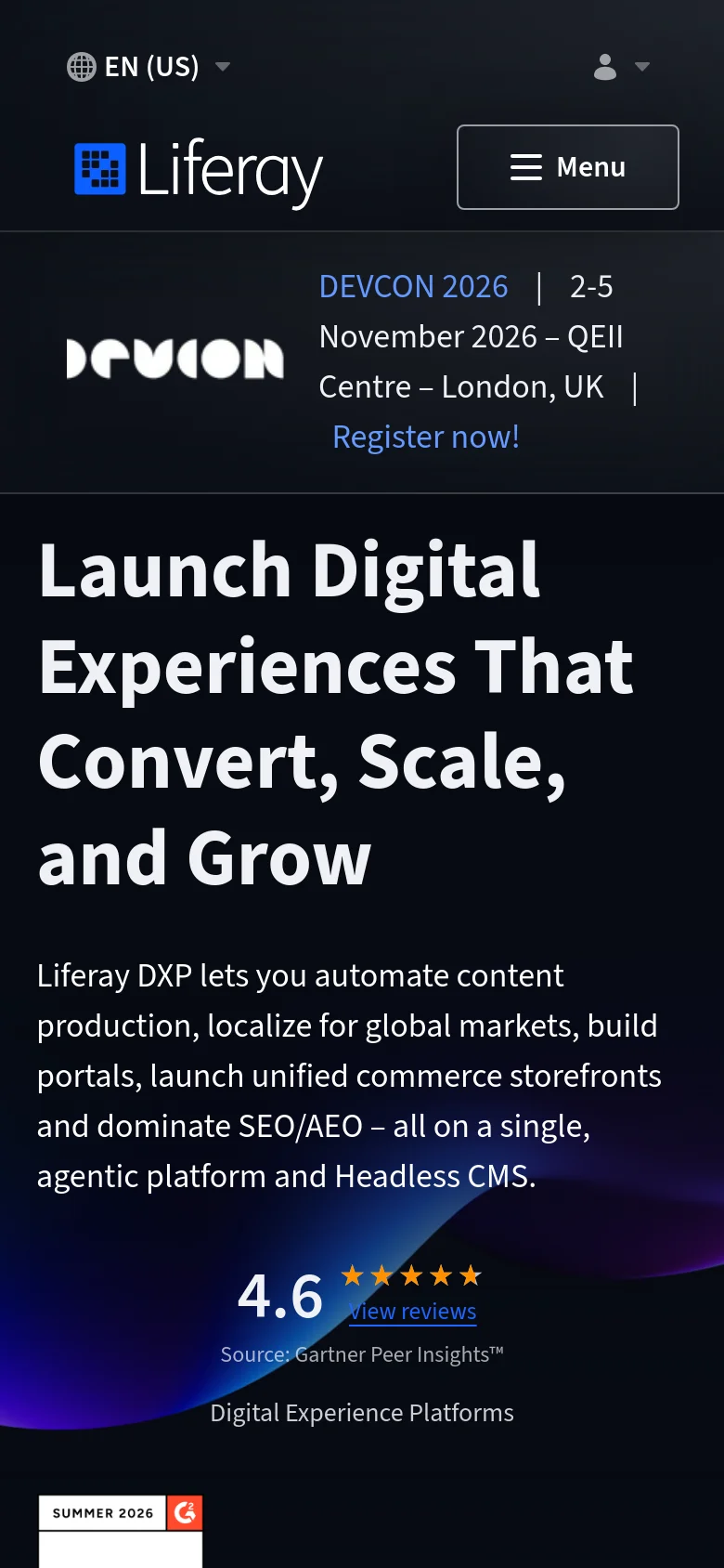The mobile version presents a vertically stacked layout optimized for small screens, with the hero headline and description centered. The navigation is condensed into a 'Menu' hamburger button, and the DEVCON 2026 promotional banner remains at the top. The dark background and vibrant purple and blue gradients are maintained, but the complex desktop navigation and side-by-side elements are simplified into a single column.