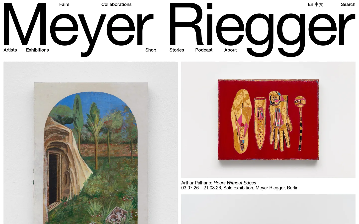 The desktop homepage features a large, bold 'Meyer Riegger' logo at the top with a navigation menu including Artists, Exhibitions, Shop, and more. Below the header, a grid of large, high-quality images showcases current and upcoming exhibitions, such as Lin Olschowka's 'Brother Wolf' and Arthur Palhano's 'Hours Without Edges', each accompanied by text details.