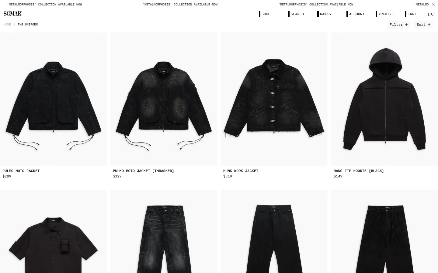 The desktop view shows a minimalist e-commerce collection page with a white background and black text. A grid of product images displays various black clothing items like jackets and hoodies, each accompanied by its name and price. Navigation includes links for Shop, Search, Ranks, Account, Archive, and Cart at the top right.