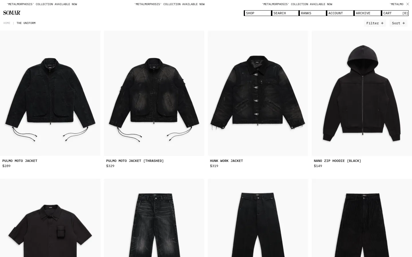 The desktop view shows a minimalist e-commerce collection page with a white background and black text. A grid of product images displays various black clothing items like jackets and hoodies, each accompanied by its name and price. Navigation includes links for Shop, Search, Ranks, Account, Archive, and Cart at the top right.